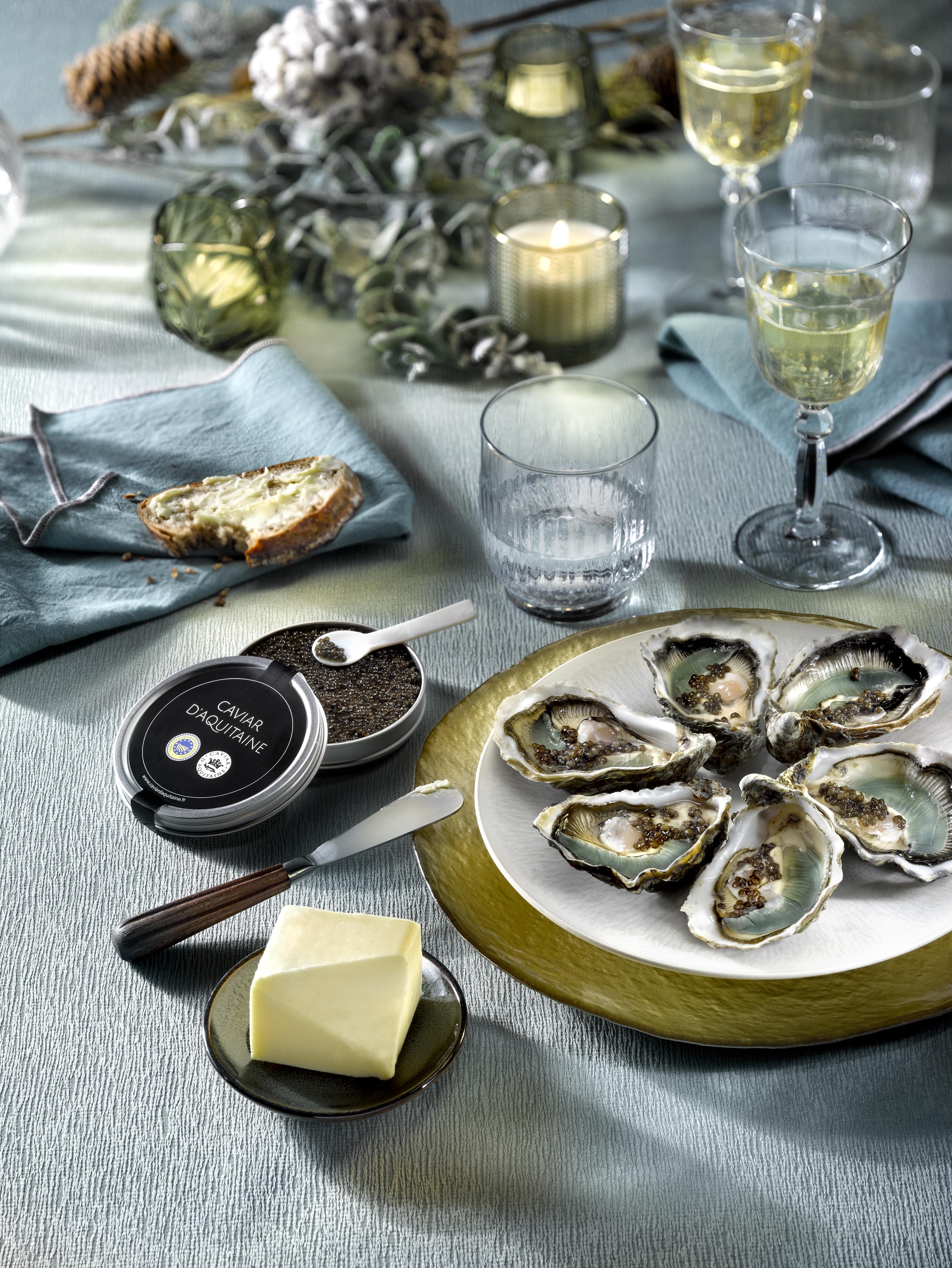 Huîtres Marennes Oléron au Caviar d’Aquitaine et tartine de Beurre Charentes-Poitou