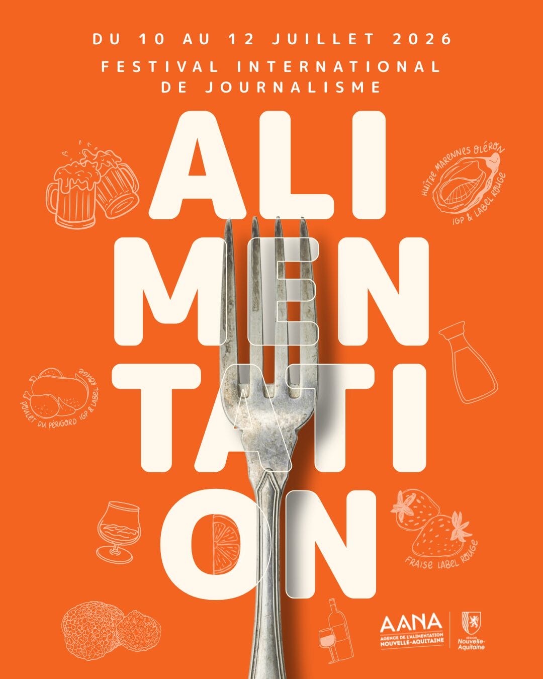 affiche alimentation avec une fourchette sur fond orange pour le festival international de journalisme 2026
